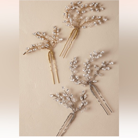 BHLDN Twigs & Honey Leaflet Small Silver Spray Crystal Hair Pins x2 - Picture 3 of 5
